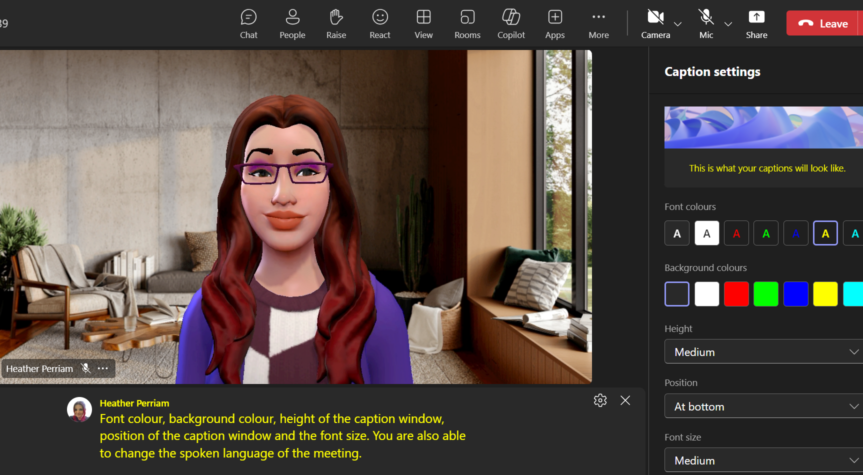 Virtual meeting interface with an avatar named "Heather Perriam." The "Caption settings" panel is open on the right, showing options for customizing captions, including:

Font colors with various choices
Background colors with various choices
Height (set to "Medium")
Position (set to "At bottom")
Font size (set to "Medium")
A preview of the caption style is displayed at the top of the panel. Chat messages from "Heather Perriam" describe caption customization options.