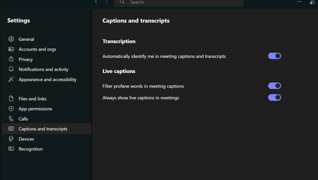 Settings menu showing "Captions and transcripts" options. Toggles are enabled for automatically identifying the user in captions and transcripts, filtering profane words, and always showing live captions in meetings.