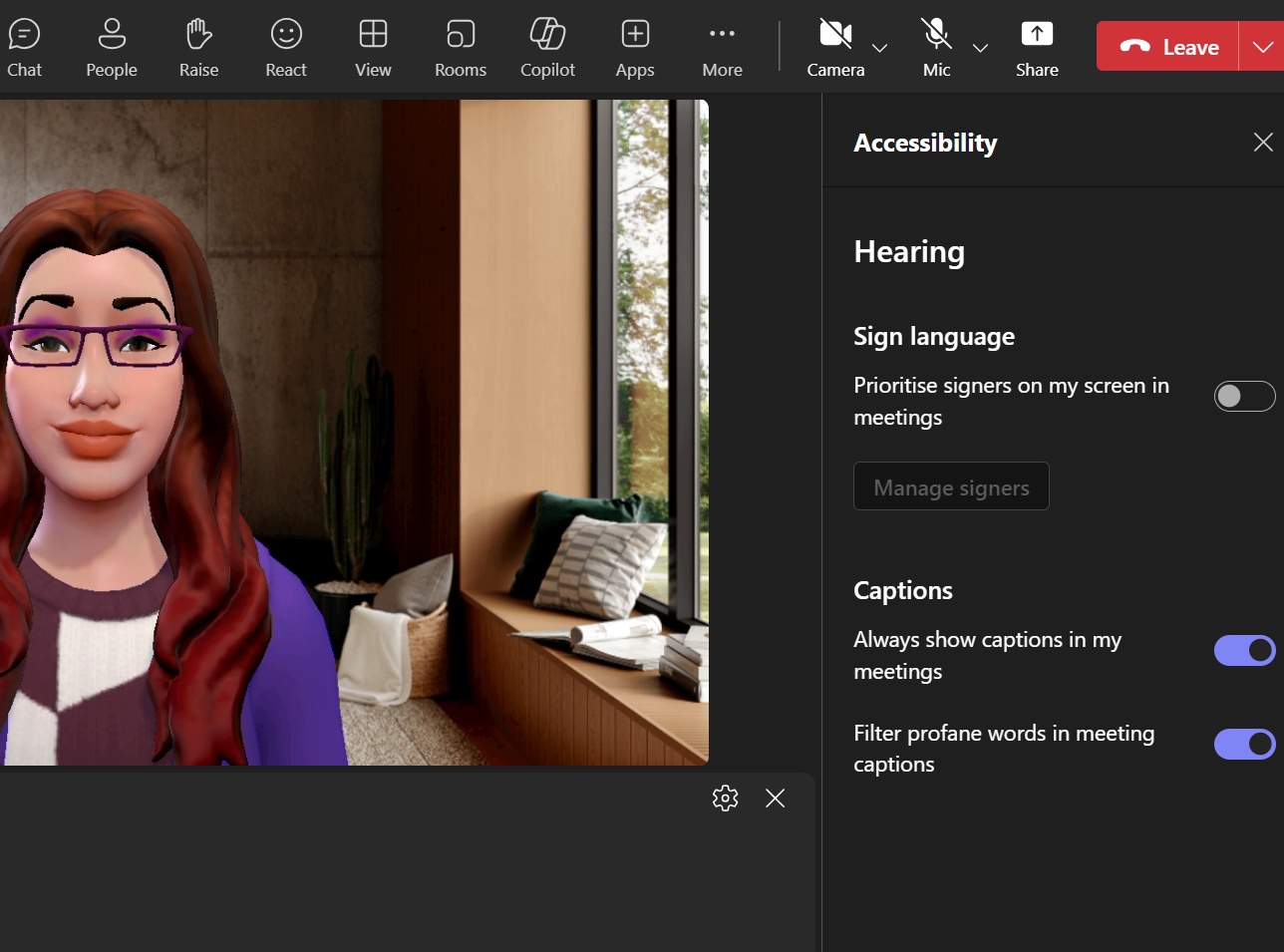 Virtual meeting interface showing an avatar named "Heather Perriam." The "Accessibility" settings are open on the right, under the "Hearing" section. Options include:

- "Sign language" with "Prioritise signers on my screen in meetings" (toggle is off).
- "Captions" with "Always show captions in my meetings" (toggle is on) and "Filter profane words in meeting captions" (toggle is on).