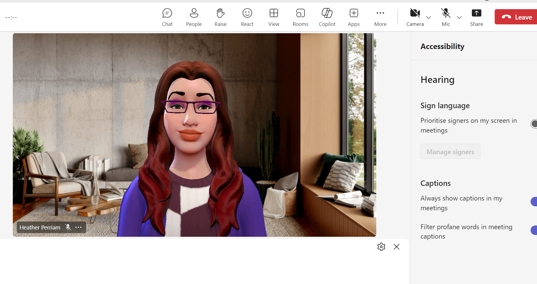 Virtual meeting interface showing an avatar named "Heather Perriam." The "Accessibility" settings are open on the right, under the "Hearing" section. Options include:

- "Sign language" with "Prioritise signers on my screen in meetings" (toggle is off).
- "Captions" with "Always show captions in my meetings" (toggle is on) and "Filter profane words in meeting captions" (toggle is on).